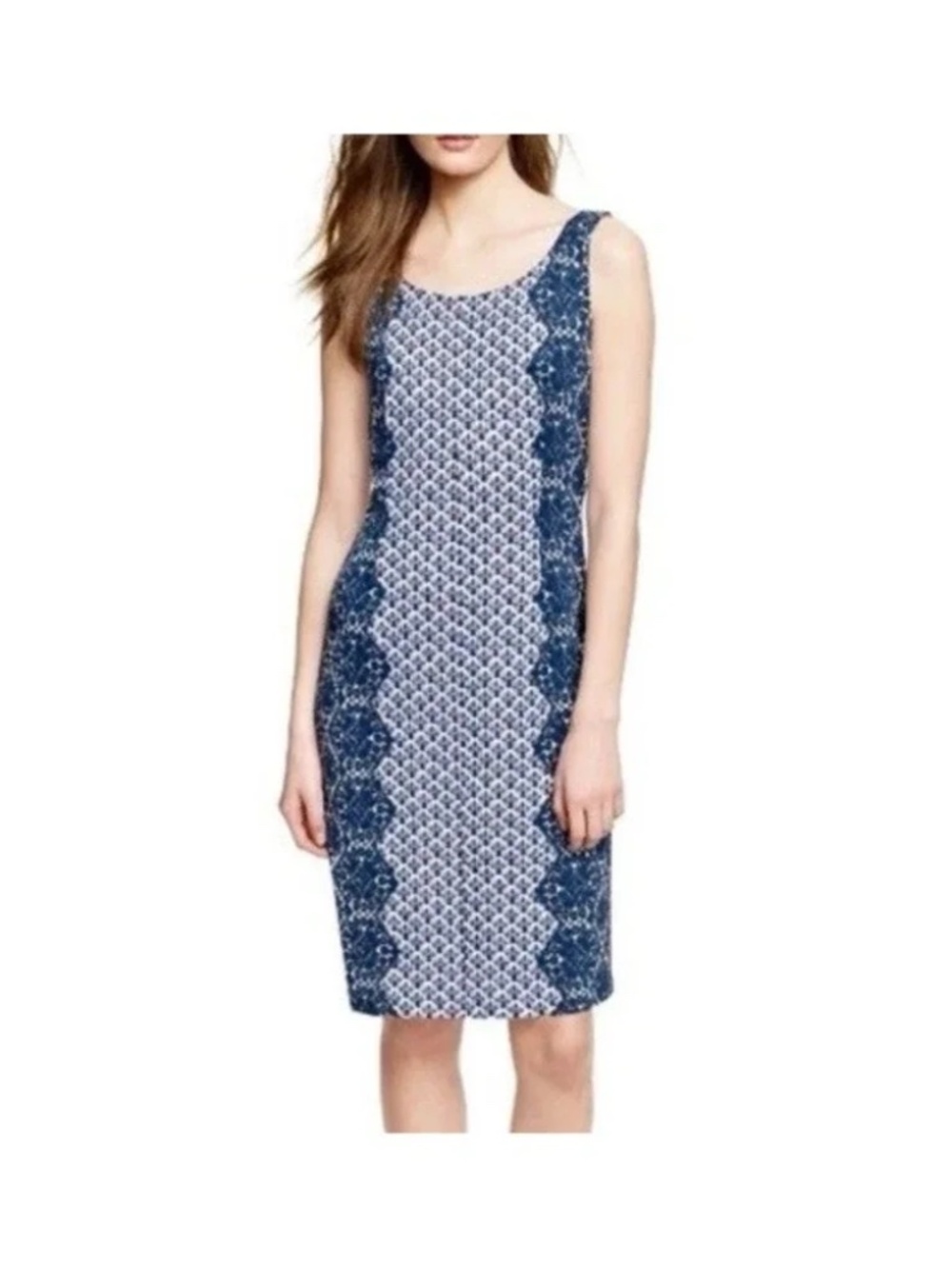 Tory Burch Sleeveless Blue Patterned Sheath Dress